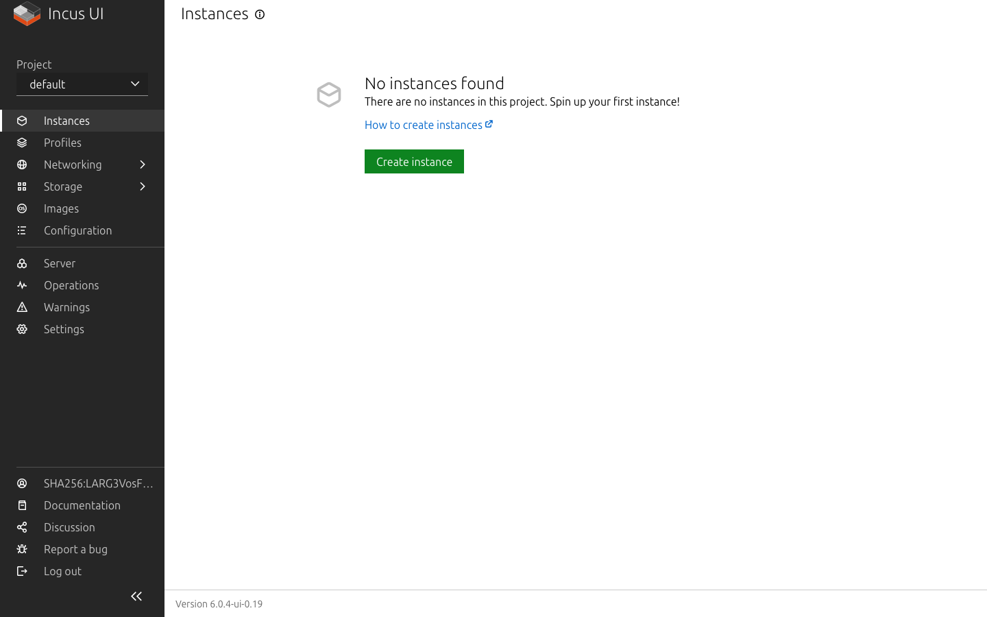 Incus web UI, logged in via SSH-key single sign-on
