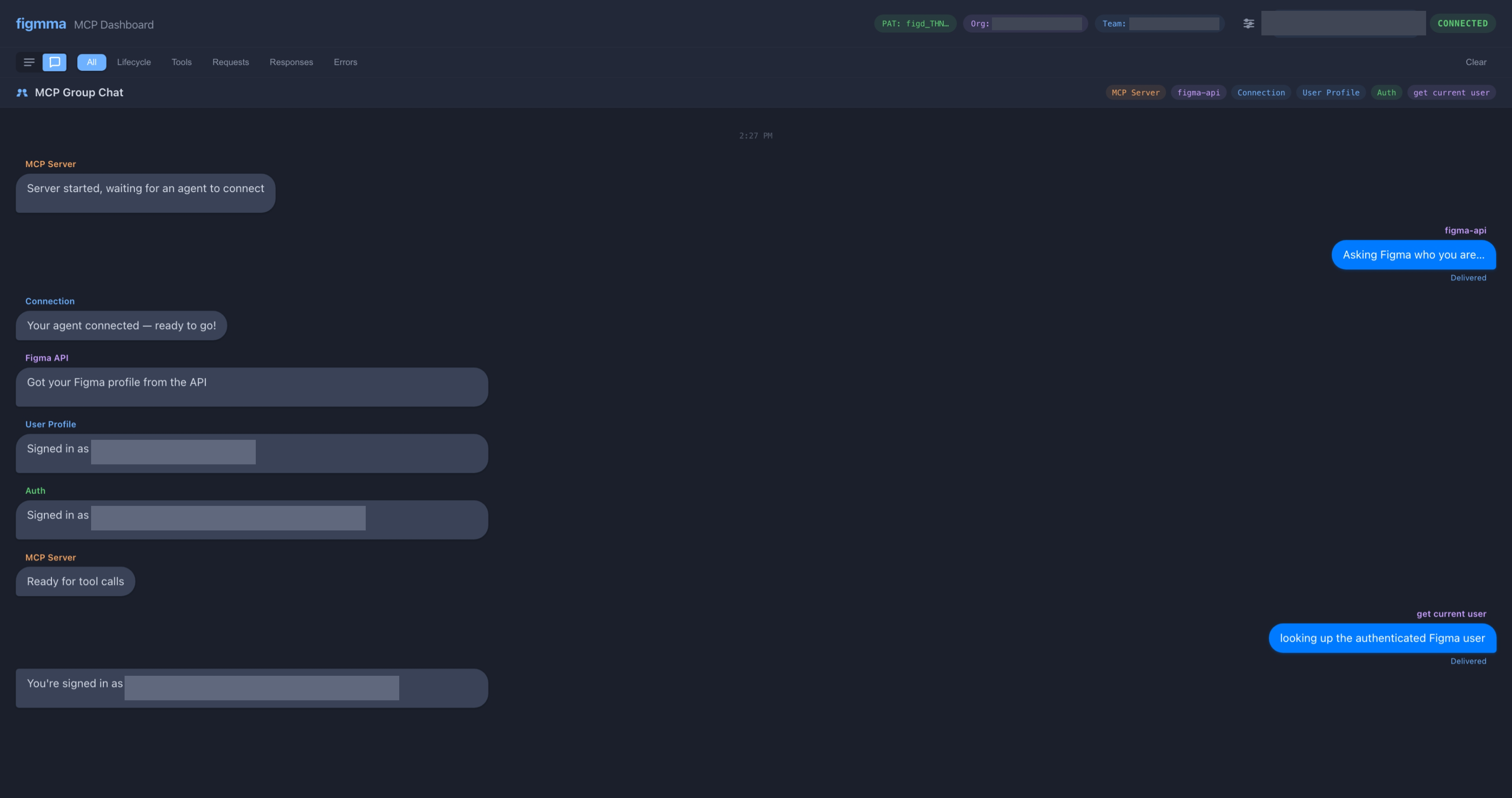 figmma dashboard chat view showing the conversation between agent and MCP server
