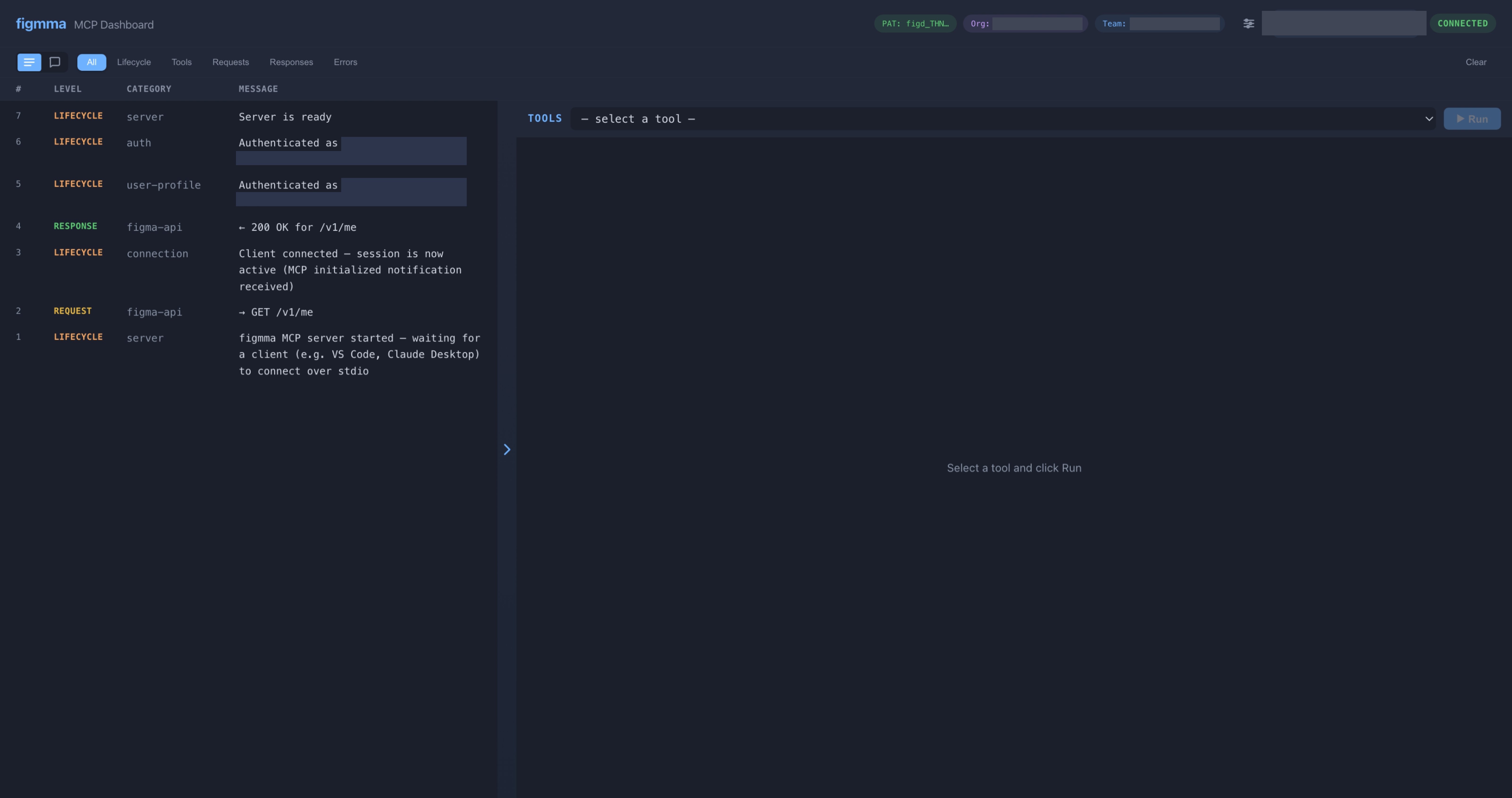 figmma dashboard showing a live log of MCP tool calls and API requests