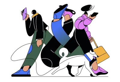 Stylized illustration of people walking with devices