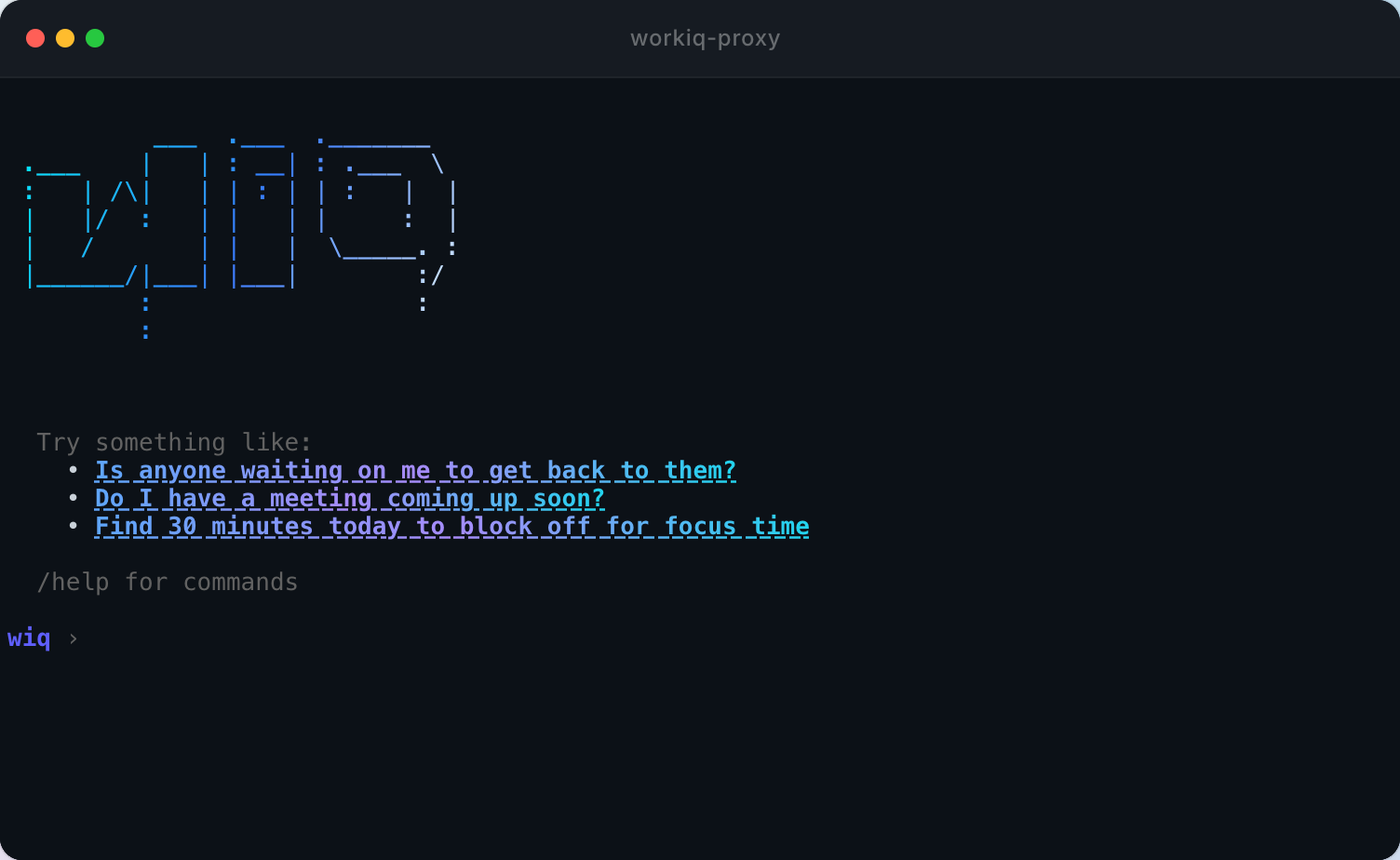 workiq-proxy terminal session showing a Work IQ query and response